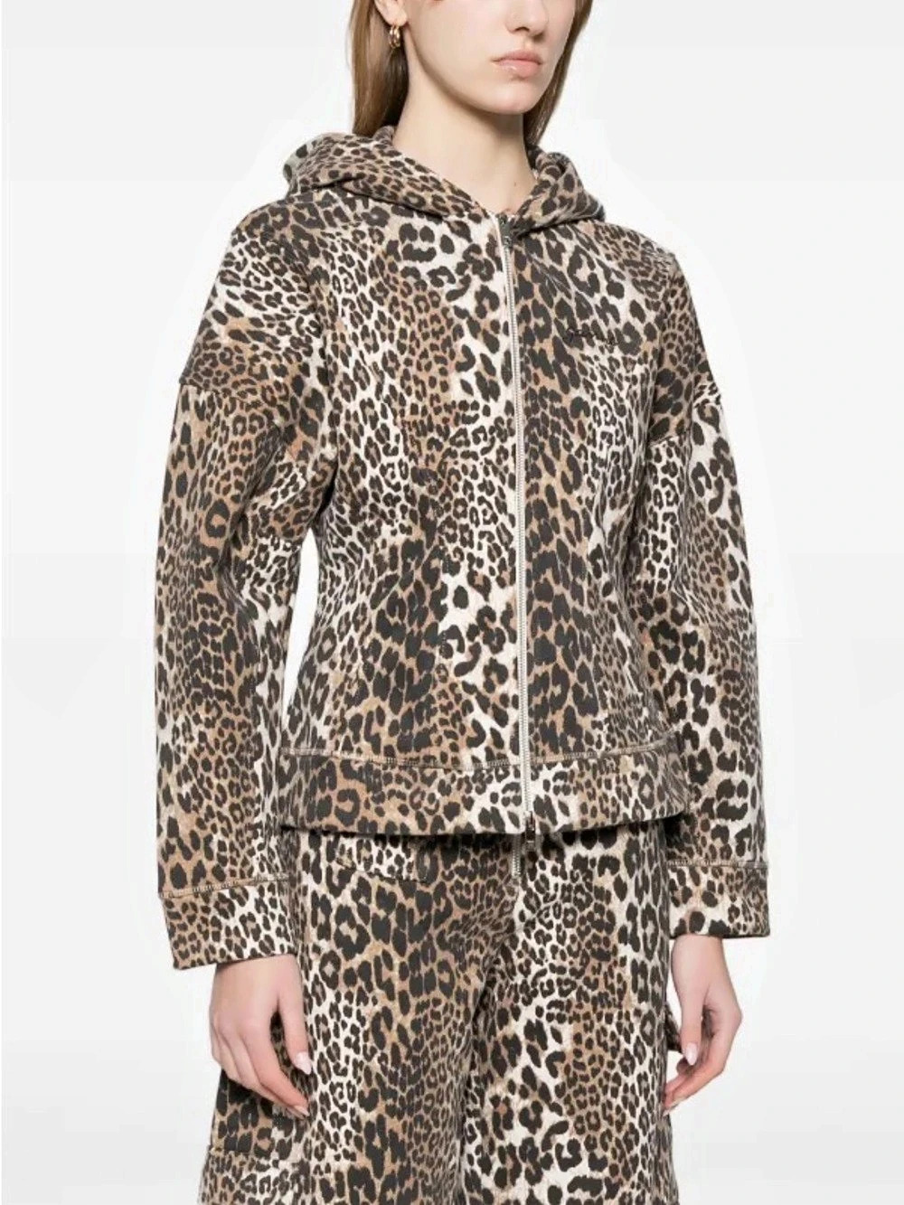 GANNI Leopard Print Heavy Fleece Zip Up Hoodie, Size XS Never Worn